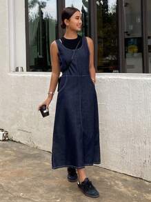 DAZY 女式无袖纯色圆领修身长口袋牛仔连衣裙，秋季服装