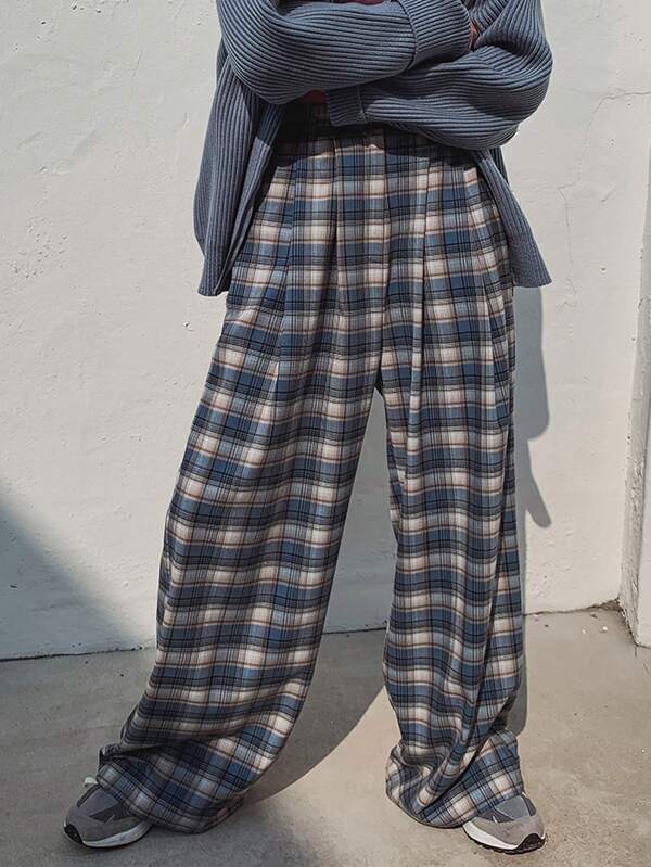 DAZY Pantalones largos informales y holgados a cuadros para mujer, azul, para todas las estaciones