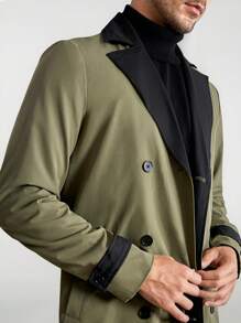 Mainfolk Men Color Block Lapel Tie Belt Long Trench Coat - Multicolor - View 5