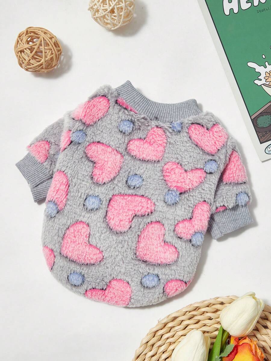 PETSIN 1 件通用宠物法兰绒衬衫，粉色爱心印花，保暖圆领，不含