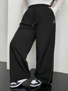 Dazy Plus 大码刺绣装饰拼布松紧腰阔腿休闲裤，四季皆宜