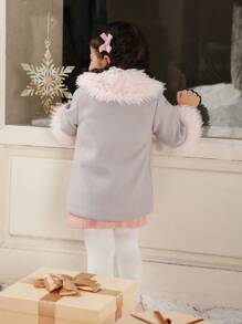 SHEIN Baby Girls' Premium Elegant Fluffy Collar Long Coat For Outing, Autumn/Winter - Multicolor - View 2