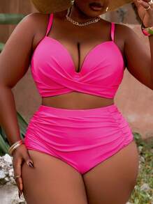 Slaydiva 大码女式高腰褶皱比基尼，纯色支撑罩杯钢圈泳装，优雅别致，适合夏季度假 - 玫紅色 - 查看 3