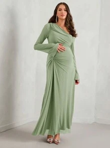 MaterniChic 孕妇优雅扭结腰纯色圆领喇叭袖长裙，适合孕妇，秋季 - 綠色 - 查看 5