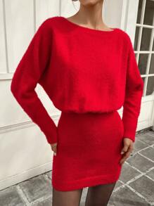 Chiquease Nouvelle robe pull près du corps cintrée à la taille, col rond, couleur unie, sexy, pour le Nouvel An - Rouge - Voir 4