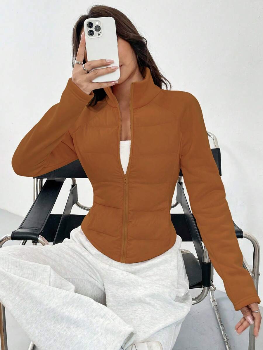 SHEIN Unity 女士纯色长袖前拉链短款休闲棉服外套,冬季服装秋季女装 - 黃色 - 查看 1