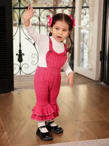 SHEIN Baby Girls High Neck Solid Knitting Top And Velvet Heart Shaped Flared Pants Set, Autumn