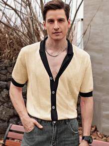 Manfinity Homme Men's Solid Color Splicing Front Button Casual Short Sleeve Knit Top - Apricot - View 3