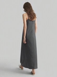 Ontre Grey Beaded Embroidery Sleeveless Dress, New Year & French Style Long Linen Slip Dress, Women's Long Dress, Grey Bead Embellished Sleeveless Dress For Autumn & Winter Clothing And Party Dress