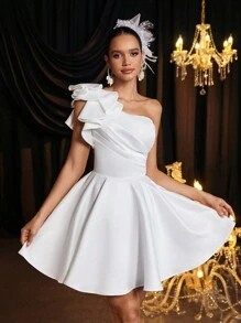 SHEIN Belle Elegant Luxurious One Shoulder Ruffle Asymmetric Dress With Tie Back, Suitable For Wedding, Party, Vacation, Bridal, Gift, Bridal Shower Dress,Bride