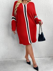 SHEIN CURVE+ فستان كاجوال بتصميم كم الخفاش مع ياقة مستديرة وخطوط، للنساء مقاسات كبيرة، موسم الخريف/الشتاء