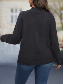 SHEIN LUNE Plus Size Women Stand Collar Solid Color Raglan Sleeve Long Sleeve Casual Pullover Sweater, Autumn/Winter