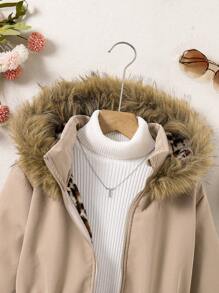 Tween Girl Casual Leopard Print Plush Jacket - Khaki - View 4