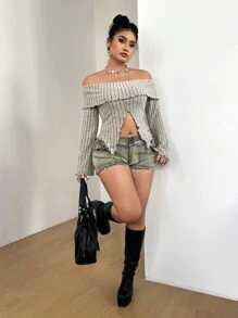 SHEIN EZwear 大码女式纯色露肩长袖罗纹 T 恤，不对称下摆，休闲 - 米色 - 查看 4