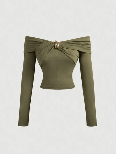 SHEIN MOD 女士绿色露肩上衣，外出上衣，Y2K风格上衣，新年上衣，性感上衣，派对上衣，针织上衣，女士，新年女士