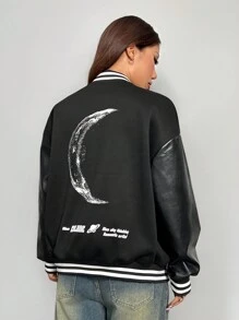 SHEIN EZwear Áo khoác bóng chày dáng rộng, tay dài, họa tiết sọc chữ mùa thu dành cho nữ - màu đen - Xem 2