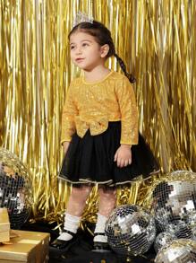 金色亮片黑色对比女婴派对礼服，配有薄纱裙和蝴蝶结套装，适合庆祝和新年