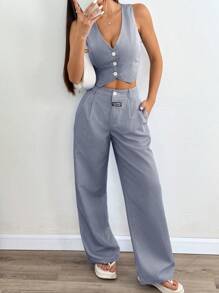 SHEIN EZwear Ladies' Linen Simple Stripe Print Tube Top And Long Pants Two Pieces Set In Fall/Winter - Navy Blue - View 3