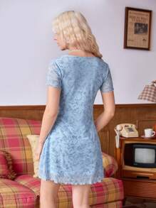 SHEIN MOD Floral Print Ruched Bust Palace Square Collar Flocking Blue Dress - Baby Blue - View 3