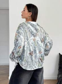 SHEIN Sudadera con capucha y bolsillo con estampado de ramitas verdes para adolescentes, sudadera de moda de con estampado all-over
