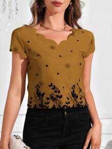 SHEIN Clasi Retro Ruffled Collar Floral Print Short Sleeve Blouse - Camel - View 6