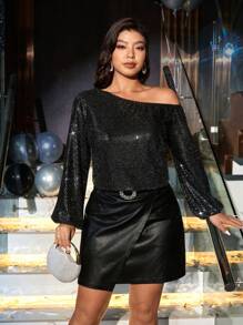 SHEIN Unity Plus Size Women Sparkly Slant Shoulder Long Sleeve New Year Party T-Shirt For Spring - Black - View 1