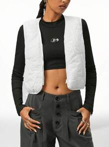 SHEIN EZwear Dames Winter Streetwear Vintage Gewatteerde Getextureerde Zwarte Korte Vest Gewatteerd