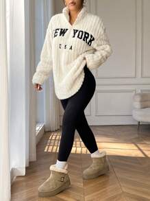 SHEIN EZwear 2pcs/Set Women Letter Print Zip-Up Fleece Sweatshirt And Pants - Apricot - View 6