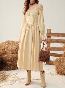 SHEIN MOD Off Shoulder Flounce Sleeve Lace Up Front Dress - Apricot - View 2