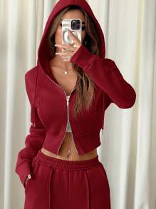 SHEIN EZwear 2 件套休闲纯色抽绳连帽运动衫和运动裤，秋冬 - 酒紅色 - 查看 3