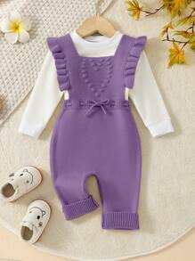 SHEIN Cute Heart Shape Ruffle Knitted Jumpsuit For Baby Girl - Purple - View 1