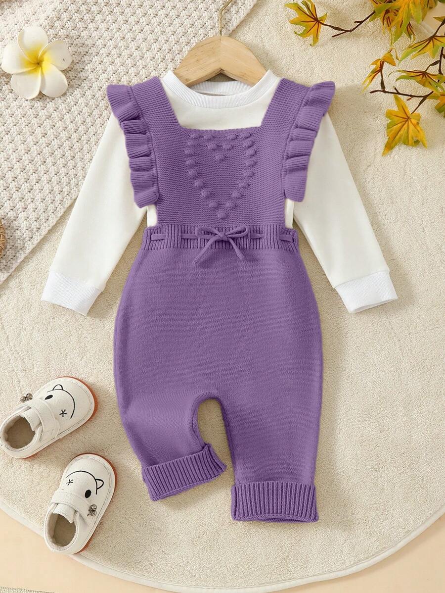 SHEIN Cute Heart Shape Ruffle Knitted Jumpsuit For Baby Girl - Purple - View 1