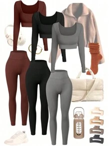 Easithlete Bộ đồ thể thao 2 món áo thun dệt kim dài tay tập yoga mùa đông cho nữ và quần legging - Nhiều màu - Xem 1