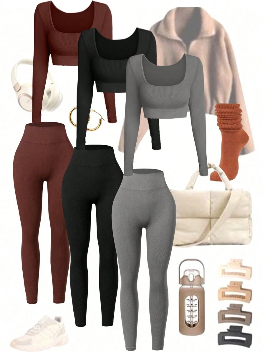 Easithlete Bộ đồ thể thao 2 món áo thun dệt kim dài tay tập yoga mùa đông cho nữ và quần legging - Nhiều màu - Xem 1