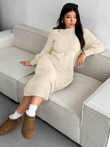 SHEIN Unity 大码简约设计纽扣装饰毛衣连衣裙 - 米色 - 查看 7