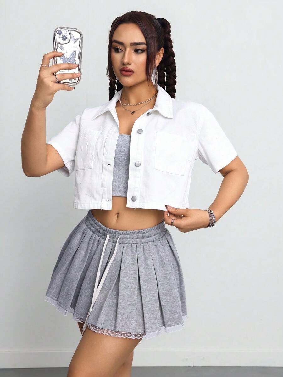 SHEIN ICON Women Casual Solid Color Short Sleeve Cropped Denim Top - White - View 1