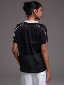 Musera Sport Mesh Contrast V Neck Collar Sport Top , Padel, Tennis, Pickleball Gym Fitness - Black and White - View 3