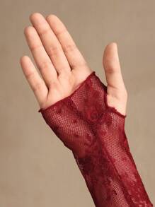 Anewsta 大码时尚性感透明蕾丝长袖衬衫 - 酒紅色 - 查看 6