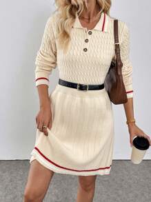 Chiquease Abito-maglione da donna con colletto a contrasto, in vita drappeggiato, gonna plissettata, autunno/inverno - Albicocca - Visualizzare 5