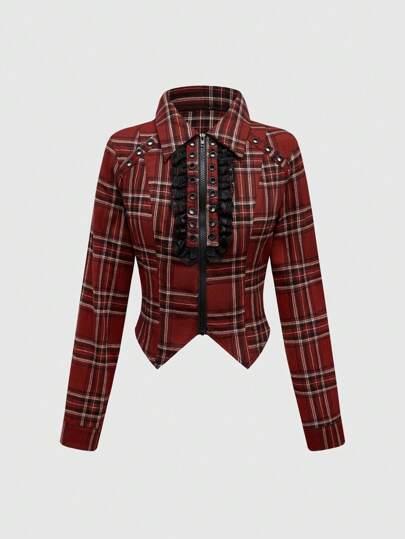 Punk Goth Y2K College Plaid Frill Zip Up Long Sleeve Shirt