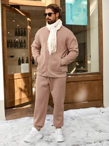 Manfinity Homme Men Casual Zip-Up Sweatshirt And Sweatpants Suit Set, Men Tracksuit, Men Two Pieces Outfits, Men Clothes, Sweatshirt And Sweatpants Set, Boyfriend Gift - Coffee Brown - View 7