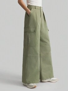 Ontre 女式 2025 新款都市时尚风格灰绿色实用口袋中腰休闲裤，百搭，适合春夏季 - 綠色 - 查看 5