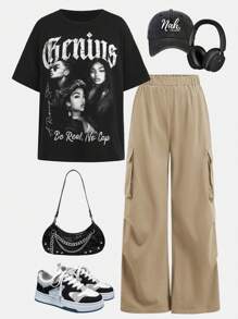 2 pezzi Set ragazza giovane: Maglietta larga con stampa ritratto e lettera stile hip hop, pantaloni cargo con pieghe