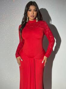 Viva Relle 大码女式派对礼服撞色蕾丝紧身长袖连衣裙新年服装长款女式服装 - 紅色 - 查看 7