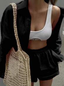 INAWLY 2pcs/Set Women Front Button Long Sleeve Top And Shorts, Minimalist Style - Black - View 4