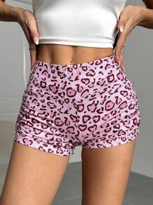 SHEIN EZwear 女式豹纹褶皱松紧腰休闲短裤 - 粉色 - 查看 5