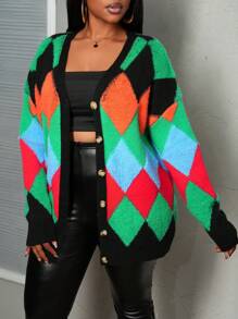 Slaydiva Nuevo suéter/chaqueta de mujer de manga larga con cuello en V, de ajuste holgado y estampado argyle, colores variados para otoño/invierno 2024 - A