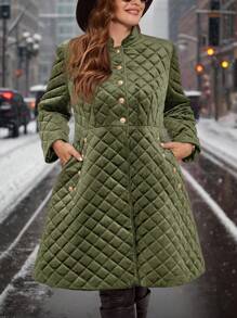 SHEIN Clasi Chaqueta elegante acolchada de terciopelo con botones y bolsillos, adecuada para otoño/invierno, tallas grandes