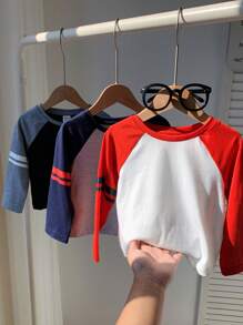 SHEIN Set de 3 piezas de jersey de manga larga a rayas de multicolor, estilo universitario informal, adecuado para usar en casa y al aire libre, para niño/niña, otoño/invierno - Multicolor - Ver 7