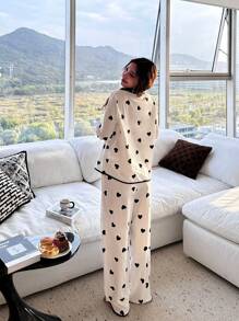 SHEIN 2pcs Teenage Girls Cute Simple Heart Print Zipper Front Long Sleeve Top And Straight Leg Lounge Pants Soft Loose Homewear Set - Black and White - View 2